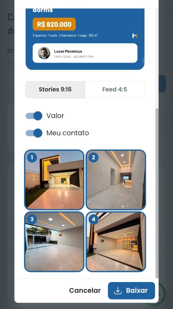 Geração de arte de imóvel para Stories e Feed no Halyon Imob